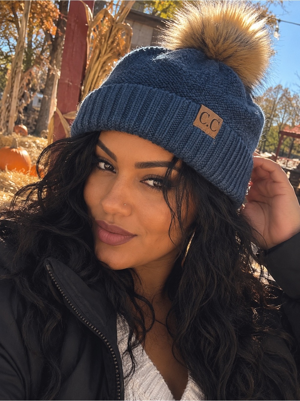 C.C. Navy Blue Pom Pom Beanie | Chunky Knit Winter Hat | Cozy Fall